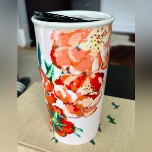 Starbucks | Ltd Edition Travel Mug | 2015 Ceramic Floral Red Poppies + Black Lid